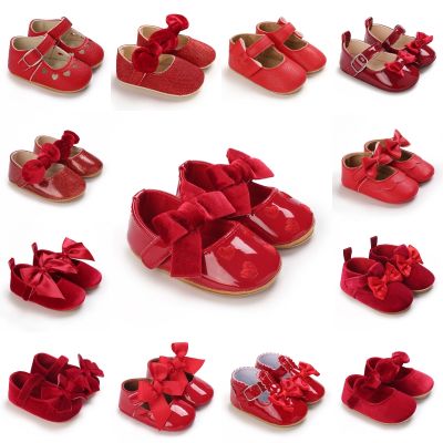 รองเท้าทารกแรกเกิดพื้นรองเท้าแบบกันลื่นสีแดงนุ่มรองเท้าใส่เดินรองเท้าเจ้าหญิงรองเท้าเด็กผู้หญิงอายุ0-1ปี