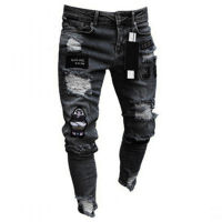 ผู้ชายยืด Ripped Skinny Biker เย็บปักถักร้อยการ์ตูนพิมพ์กางเกงยีนส์ทำลาย Slim Fit Denim คุณภาพสูง Hip Hop กางเกงยีนส์สีดำ