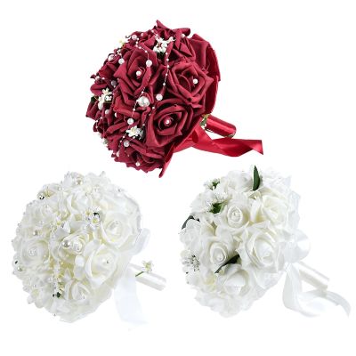 ♀ Wedding Bouquet Bridal Bridesmaid Hand Bouquet Flowers Artificial PE Rose Pearl Silk Flowers White Red Bouquet Wedding Supplies