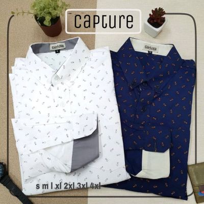 Capture Shirt เสื้อเชิ้ตผู้ชาย แขนยาว คอปก ลายปลาไขว้ มีถึงอก 48 นิ้ว