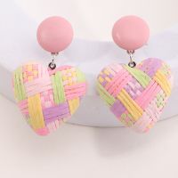 Weave Straw Rope Romantic Women Pink Heart Drop Earrings Korean Style Cute Amour Round Huggie Bohemia Ear Jewelry Gift