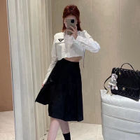 【High Quality】New Celebrity Temperament Triangle Black Pleated Half length Dress for Womens Summer Fashion Slim Slim Side Split A-line Skirt