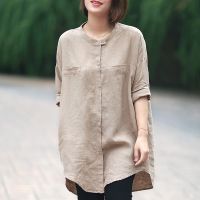 2022 leisure in long loose big yards along with the gender female linen shirt collar short sleeve pure color cotton and linen dress spring