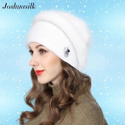 Joshuasilk Winter Womens Angora Hat Double Warm Three-Dimensional Stripe Decoration Bulky Hat