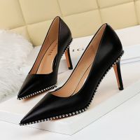 1829-a3 fashion sexy nightclub rock womens shoes thin heels high heels shallow mouth pointed metal bead single shoes