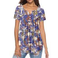 Sublimation Print Pink Leopard Skin Tropical Palm Leaves And Flowers V-neck T-shirt Women Top Short Sleeve Pleated Buckle Shirt