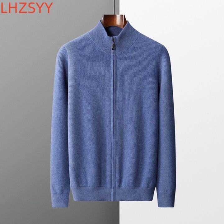 lhzsyy-คาร์ดิแกนผ้าแคชเมียร์ถักชายวัยกลางคน-เสื้อโค้ทมีซิปคอปก100-ขนสัตว์แท้ฤดูใบไม้ร่วงฤดูหนาวหนาเสื้อกันหนาวสำหรับผู้ชาย