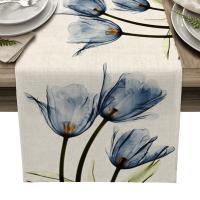 [HOT ZEXKLIOALQAQ 529] Blue Tulip Table Runner สำหรับโต๊ะรับประทานอาหารตกแต่งห้องครัว Anti-Stain โต๊ะรับประทานอาหารผ้าปูโต๊ะสี่เหลี่ยมผืนผ้าโต๊ะรับประทานอาหาร Runner