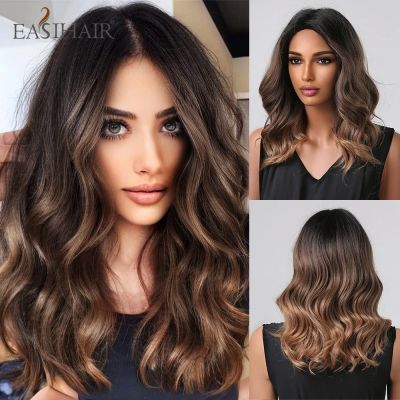 EASIHAIR วิกผมสังเคราะห์สีน้ำตาลเข้มความยาวปานกลางวิกผมบ๊อบหยักตรงกลางวิกผมธรรมชาติทนความร้อนสำหรับผู้หญิงคอสเพลย์