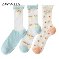 3 Pairs Cute Socks For Women 2022 New Fashion Cartoon Blue Combed Cotton Breathable Casual Summer Long Transparent Socks Mesh