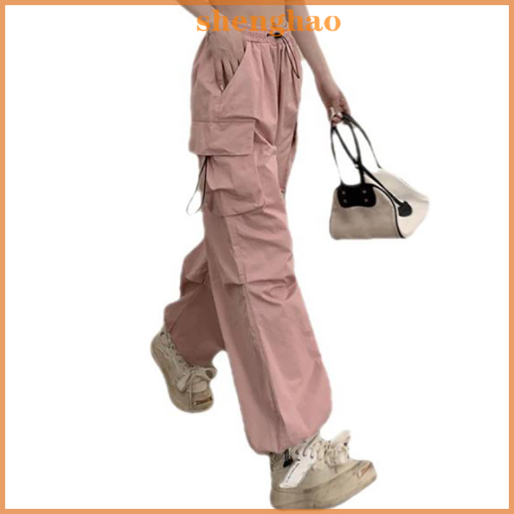 shenghao-กางเกงขากว้างสำหรับผู้หญิงกางเกงคาร์โก้เอวสูงลำลองมีกระเป๋าขนาดใหญ่