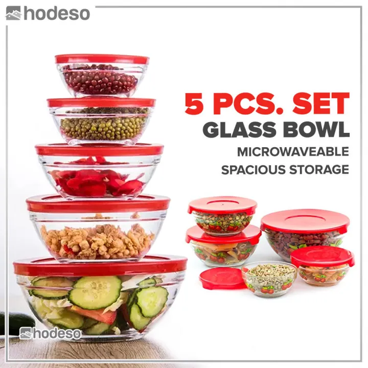 Hodeso 5pcs Colorful Glass Bowl Set Kitchen Food Container With Lid