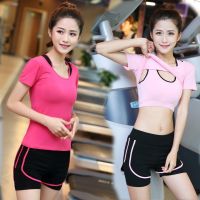 ✿❆☁ Yoga sports suit womens short-sleeved gym running suit slim fake two-piece shorts three-piece shockproof bra