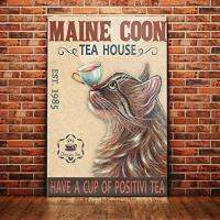 บ้านชาแมว Maine Coon ป้ายวินเทจป้ายดีบุกโลหะย้อนยุคสำหรับสวนกาแฟในบ้าน0707เครื่องตกแต่งฝาผนัง