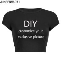 เสื้อครอปสำหรับผู้หญิงเสื้อครอปที่เอวลอยลายพิมพ์แบบ DIY สุดพิเศษของคุณเสื้อยืดผู้หญิงสีทึบปรับแต่งฤดูร้อนแขนสั้นเองได้สะดือ