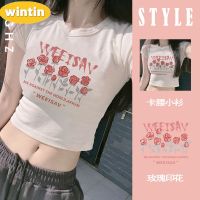 Wintin off-Shoulder Short-Sleeved T-shirt for Women Summer New Slim Fit Slimming Sweet and Spicy Pure Style Bare Midriff High Waist Printed Top Ins Fashion