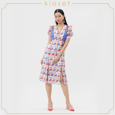 Kloset Mixed Electric Print Front Slit Dress (AW20-D004)เสื้อผ้าแฟชั่น เสื้อผ้าผู้หญิง เดรสแฟชั่น เดรสผ้าพิมพ์ เดรสสั้น