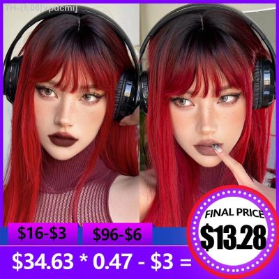 HAIRCUBE Natural Black Red Ombre Straight Synthetic Wig for Women Long Red Wig With Bangs Cosplay Party Heat Resistant Fiber Wig [ Hot sell ] vpdcmi