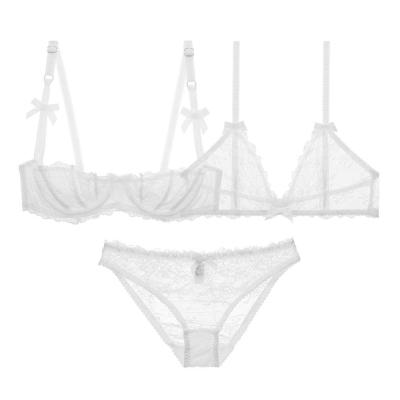 Sexy Shell Flower Lace see through Underwear 12 half cup 34 cup underwire Bra + wire free Bra + Thong 3pcs Lingerie set