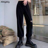 Casual Pants Women Cargo Trousers Spring Pure Color Students Chic High Waisted All-match Hole Feminine Ulzzang Streetwear Simple