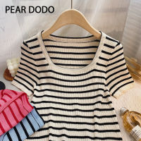 PEAR DODO เสื้อถักแขนสั้นสำหรับผู้หญิงเสื้อเอวลอยลำลองคอสี่เหลี่ยมลายทางสไตล์เกาหลี