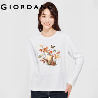 GIORDANO Women Chinese Style Series T-Shirts Plant Print 100% Cotton Tee Crewneck Long Sleeve Fashion Casual Tshirts 99393240