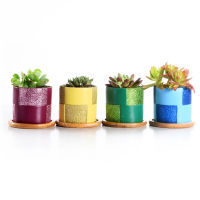 Glitter Surface Succulent Planters Cement Pots with Bamboo Tray Grey, for Home,Office Decor Perfect Gift Idea 3.14Inch 4 In set