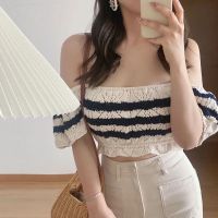 ☈♦ Mandice Summer New Style Clothes Square Neck Black White Striped Off-The-Shoulder Top Knitwear Women All-Match ME3158