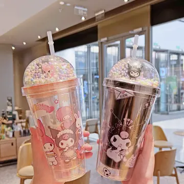 Cartoon Anime Sanrio Glass Straw Cup With Lid Melody Kuromi Cinnamoroll  Children Milk Cup Water Cup
