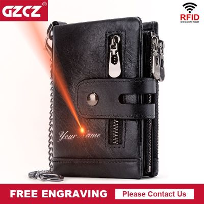 （Layor wallet）  GZCZ RfidLeather MenCoin Purse SmallCard Holder Chain PORTFOLIO Portomonee Male Min Walet แกะสลักฟรี