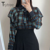 Trytree 2020 Spring Autumn Blouse Women Casual Turn-down Collar Ruffles Plaid Chiffon Single Breasted Office Lady Shirts Tops