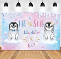 Penguin Gender Reveal Backdrop Waddle It Be He or She Pink or Blue Party Banner Decor Winter Snow Baby Shower Background