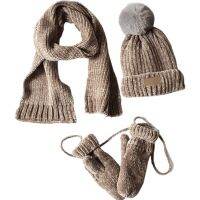 3 In 1 Toddler Kids Winter Ribbed Knit Warm Hat Scarf Gloves Set Solid Color Beanie Cap Shawl Mittens with String 2-8T