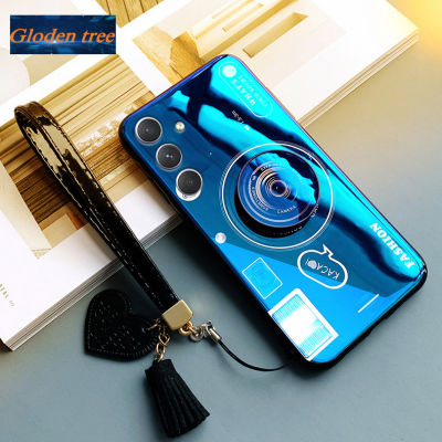 Gloden tree For Samsung Galaxy A54 5G Case Camera Pattern + Stand + Beautiful Tassel Hand Strap Protective Back Cover Couple Cases