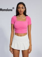 Momoluna เสื้อครอปแขนสั้น Barbiecore สี่เหลี่ยมคอกลมเสื้อยืดสีชมพูสีน้ำเงิน S M