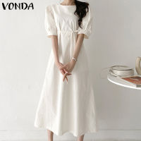 (จัดส่งฟรี)Fancystyle VONDA Women S Versatile Bubble Sleeve Maxi Dresses Round Neck Pleating Splicing Dress