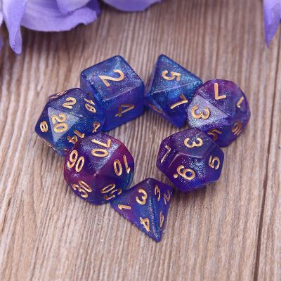 ；。‘【； 7Pcs Acrylic Glitter Polyhedral Dice Double Colors D4 D6 D8 D10 D12 D20 Board Game Play Dice With Storage Bag