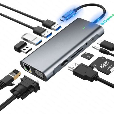 11ใน1 USB C ฮับแล็ปท็อปแท่นวางมือถือสำหรับ Dell HP MacBook Pro ท่าเรือ C HDMI PD 3.0 USB RJ45 VGA PD AUX TF/การ์ดรีดเดอร์ SD Feona