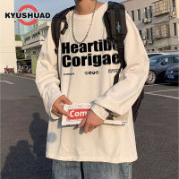 KYUSHUAD เสื้อยืดคอกลมแขนยาวสำหรับผู้ชาย เสื้อยืดคอกลมแขนยาวเสื้อผ้าขนาดใหญ่พิมพ์ลายอักษรย่อสำหรับฤดูใบไม้ผลิและหลวมสบายในฤดูใบไม้ร่วง