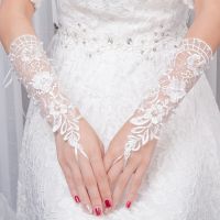 ☌❖□ Pretty Bridal Wedding Gloves Elbow Length White Short Gloves Lace Pearls Decorations Etiquette Gloves