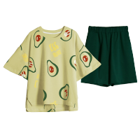 2021New Crew Neck Pijamas Women Homesuit Homeclothes Fashion Style Short Sleeve Short Pants Green Pants Sleepwear Avocado Printing