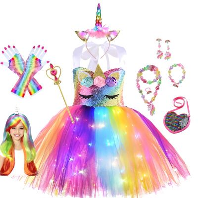Glowing Unicorn Dress Girl Halloween Fantasy Cosplay Clothes Summer Kids Rainbow Sling TUTU Child Sequin Flower Applique Costume