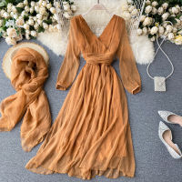 SINGRAIN Design Women Chiffon Dress Autumn Retro Puff Sleeve V Neck Elegant Solid Dress+Silk Scarf Korean A-line Holiday Dress