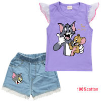 Tom-Jerry ชุดเสื้อกล้ามสำหรับเด็กผู้หญิง,เสื้อยืดแขนกุดกางเกงยีนส์ขาสั้น + กางเกงขาสั้นผ้ายีนส์ลูกไม้2021พิมพ์ลายการ์ตูน8314เสื้อผ้าเด็กชุดลำลองผ้าฝ้ายฤดูร้อน