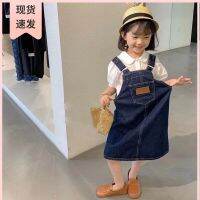 CUI YI SHOP Korean version 2023 summer girls short-sleeved white denim suspender two-piece set childrens fashionable suit