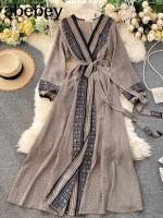 【YF】 New Fashion Women Chiffon Dress Ladies Printed Lace-up Waistband Long Sleeved Sashes Waist Slim Style Swing A-line