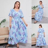 COD DSFGRDGHHHHH F H 2982-XL-5XL Loose V Neck Plus Size Women Printed Short Sleeve Long Dress