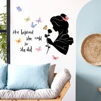 ♟ 30x80cm English Slogan Little Girl Butterfly Wall Sticker Creative Background Wall Living Room Decoration Mural Wall Sticker