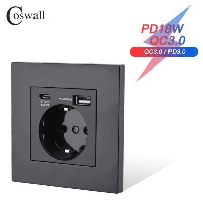COSWALL EU Wall Power Socket Grounded  Black Plastic Panel With 18W Type-A &amp; C Dual USB DC 5V 3A QC 3.0 Fast Charger