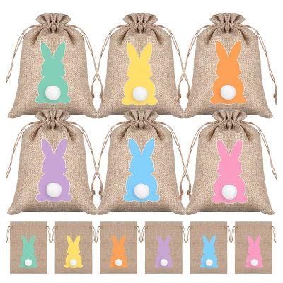 24 Pcs Easter Day Party Favor Bags Bunny Burlap Gift Bags Candy Bags Gift Wrap Bags for Easter Day 6 x 4 Inch